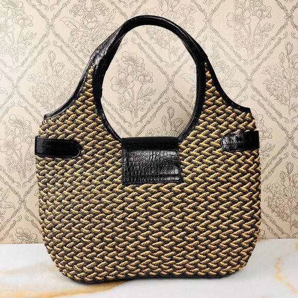 Vintage Brighton Tan & Black  Handbag Croc Woven Leather Leopard Cheetah - Picture 2 of 11